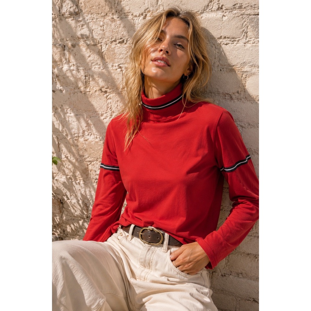 Tommy Hilfiger Red Cotton Blend Striped Turtleneck Top Y2K Sporty Preppy Size P